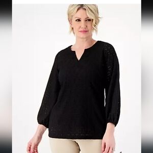 Susan Graver Passport Eyelet  "V" Neck Blouse 3X Black NWOT